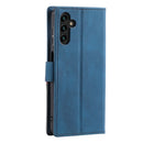 For Samsung Galaxy A13 5G Three-color Stitching Calf Texture Horizontal Flip Phone Leather Case with Holder & Card Slots & Wallet(Blue)