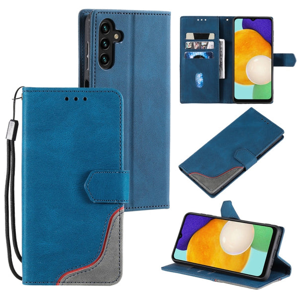 For Samsung Galaxy A13 5G Three-color Stitching Calf Texture Horizontal Flip Phone Leather Case with Holder & Card Slots & Wallet(Blue)