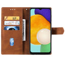 For Samsung Galaxy A13 5G Three-color Stitching Calf Texture Horizontal Flip Phone Leather Case with Holder & Card Slots & Wallet(Brown)