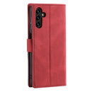 For Samsung Galaxy A13 5G Three-color Stitching Calf Texture Horizontal Flip Phone Leather Case with Holder & Card Slots & Wallet(Red)