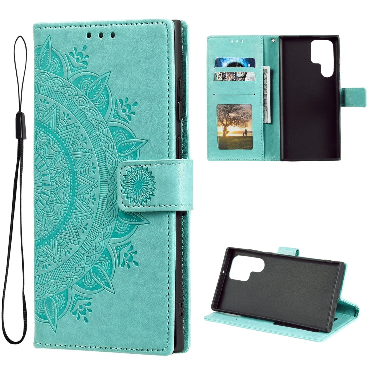 For Samsung Galaxy S22 Ultra 5G Totem Flower Embossed Horizontal Flip Phone Leather Case with Holder & Card Slots & Wallet(Green)