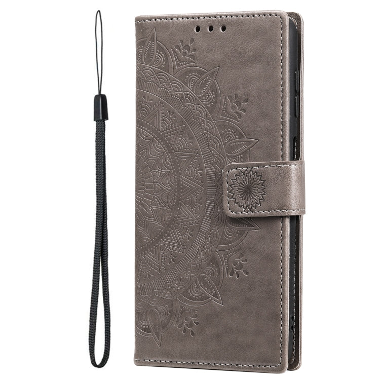 For Samsung Galaxy S22 Ultra 5G Totem Flower Embossed Horizontal Flip Phone Leather Case with Holder & Card Slots & Wallet(Grey)