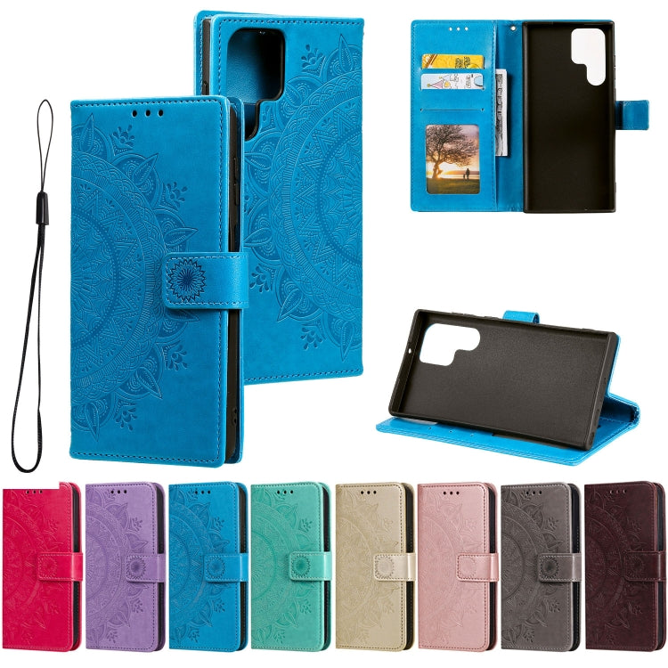For Samsung Galaxy S22 Ultra 5G Totem Flower Embossed Horizontal Flip Phone Leather Case with Holder & Card Slots & Wallet(Grey)