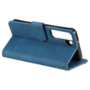 For Samsung Galaxy S22+ 5G Stitching Calf Texture Horizontal Flip Phone Leather Case with Holder & Card Slots & Wallet(Dark Blue)