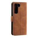 For Samsung Galaxy S22+ 5G Stitching Calf Texture Horizontal Flip Phone Leather Case with Holder & Card Slots & Wallet(Brown)