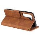 For Samsung Galaxy S22+ 5G Stitching Calf Texture Horizontal Flip Phone Leather Case with Holder & Card Slots & Wallet(Brown)