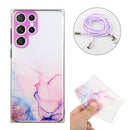 For Samsung Galaxy S22 Ultra 5G Hollow Marble Pattern TPU Shockproof Phone Case with Neck Strap Rope(Pink)