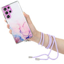 For Samsung Galaxy S22 Ultra 5G Hollow Marble Pattern TPU Shockproof Phone Case with Neck Strap Rope(Pink)