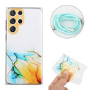 For Samsung Galaxy S22 Ultra 5G Hollow Marble Pattern TPU Shockproof Phone Case with Neck Strap Rope(Yellow)