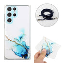 For Samsung Galaxy S22 Ultra 5G Hollow Marble Pattern TPU Shockproof Phone Case with Neck Strap Rope(Blue)