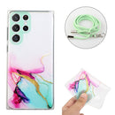 For Samsung Galaxy S22 Ultra 5G Hollow Marble Pattern TPU Shockproof Phone Case with Neck Strap Rope(Green)