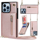 Cross-body Zipper Square Phone Case with Holder For iPhone 13 Pro Max(Rose Gold)