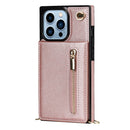 Cross-body Zipper Square Phone Case with Holder For iPhone 13 Pro Max(Rose Gold)