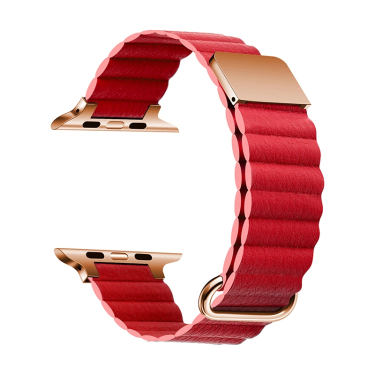 Magnetic Leather Strap Watch Band For Apple Watch Series 7 45mm / 6&SE&5&4 44mm / 3&2&1 42mm(Rose Gold Buckle Red)