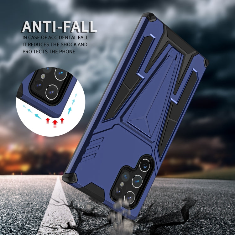 For Samsung Galaxy S22 Ultra 5G Super V Armor PC + TPU Shockproof Phone Case with Invisible Holder(Blue)