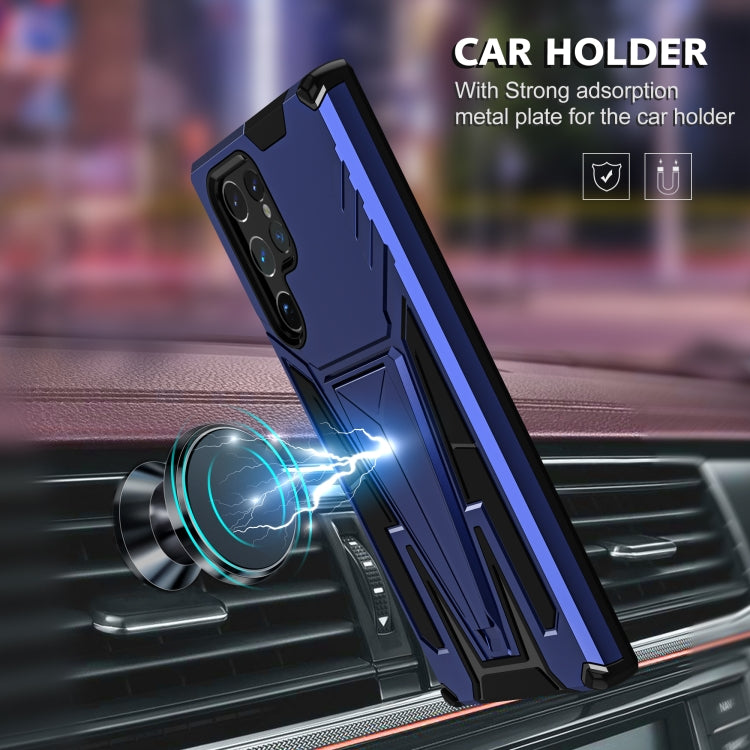 For Samsung Galaxy S22 Ultra 5G Super V Armor PC + TPU Shockproof Phone Case with Invisible Holder(Blue)