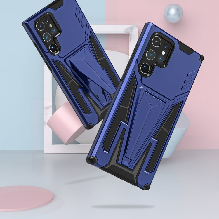 For Samsung Galaxy S22 Ultra 5G Super V Armor PC + TPU Shockproof Phone Case with Invisible Holder(Blue)