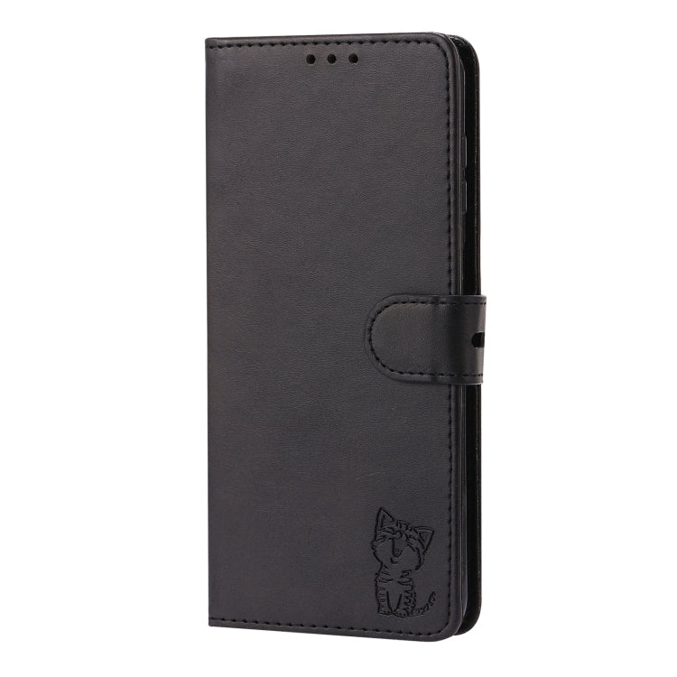 For Samsung Galaxy A13 5G Embossed Happy Cat Pattern Leather Phone Case(Black)