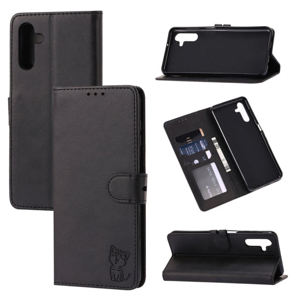 For Samsung Galaxy A13 5G Embossed Happy Cat Pattern Leather Phone Case(Black)