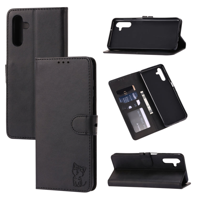 For Samsung Galaxy A13 5G Embossed Happy Cat Pattern Leather Phone Case(Black)