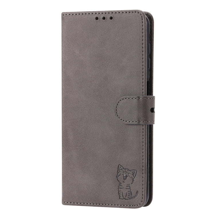 For Samsung Galaxy A13 5G Embossed Happy Cat Pattern Leather Phone Case(Grey)