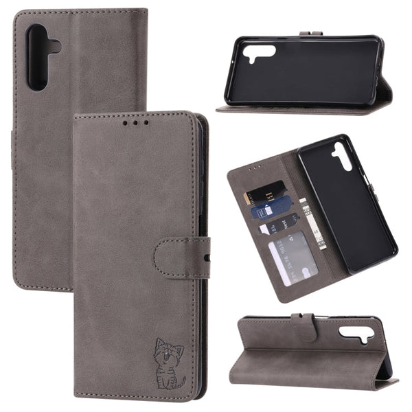 For Samsung Galaxy A13 5G Embossed Happy Cat Pattern Leather Phone Case(Grey)