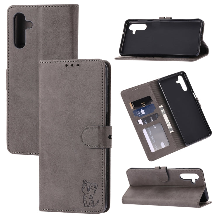 For Samsung Galaxy A13 5G Embossed Happy Cat Pattern Leather Phone Case(Grey)