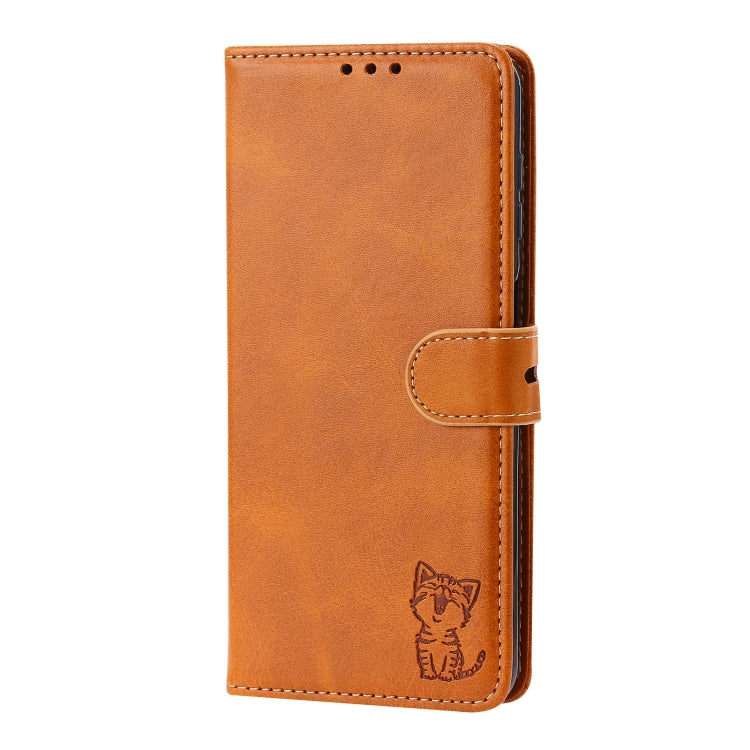 For Samsung Galaxy A13 5G Embossed Happy Cat Pattern Leather Phone Case(Yellow)