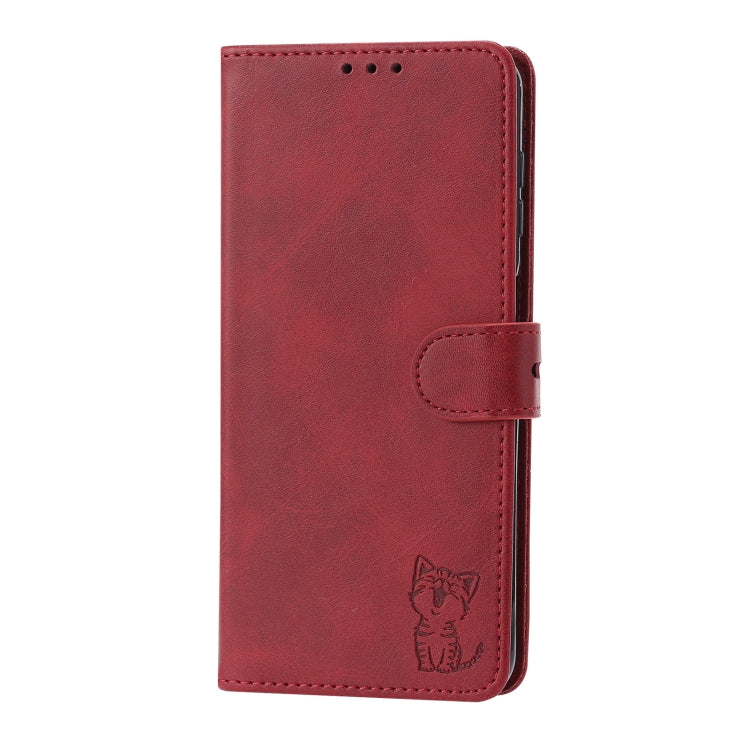 For Samsung Galaxy A13 5G Embossed Happy Cat Pattern Leather Phone Case(Red)