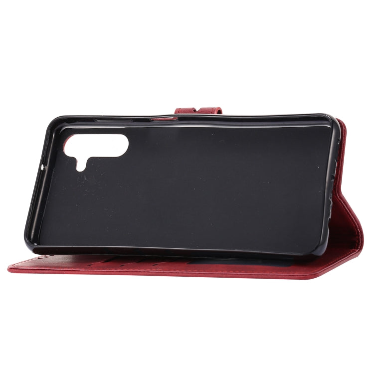 For Samsung Galaxy A13 5G Embossed Happy Cat Pattern Leather Phone Case(Red)