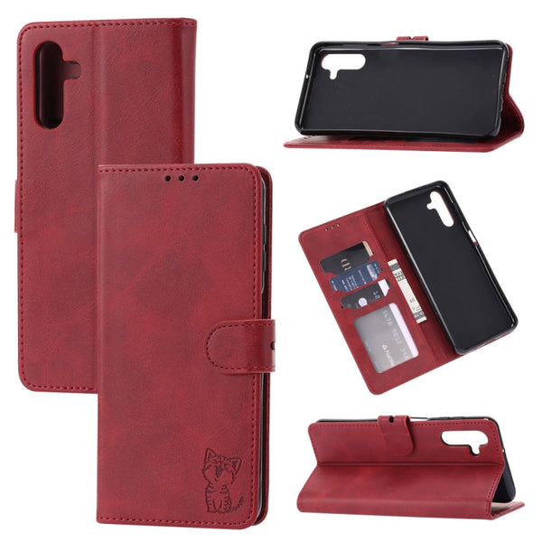 For Samsung Galaxy A13 5G Embossed Happy Cat Pattern Leather Phone Case(Red)