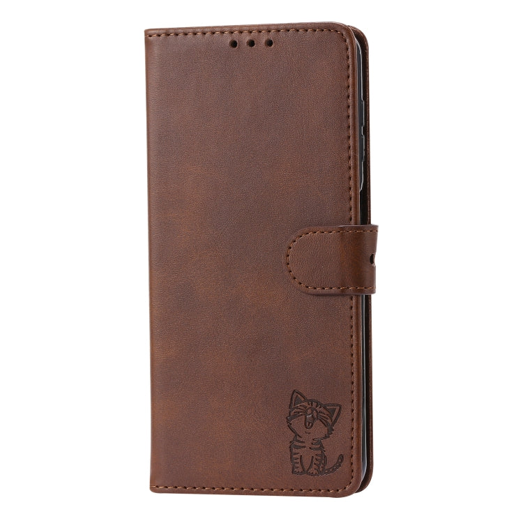 For Samsung Galaxy A13 5G Embossed Happy Cat Pattern Leather Phone Case(Brown)