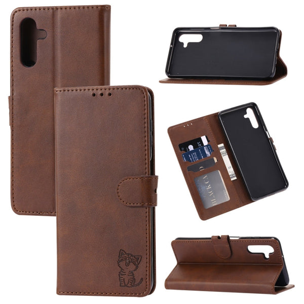 For Samsung Galaxy A13 5G Embossed Happy Cat Pattern Leather Phone Case(Brown)