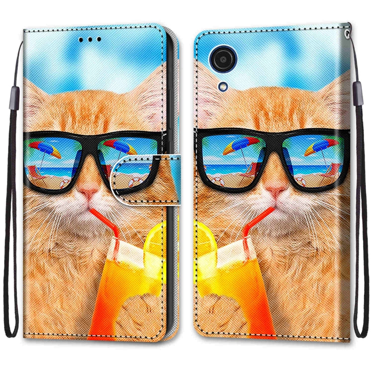 For Samsung Galaxy A03 Core Coloured Drawing Cross Texture Horizontal Flip Leather Phone Case with Holder & Card Slots & Wallet & Lanyard(Cat Drinking Soda)