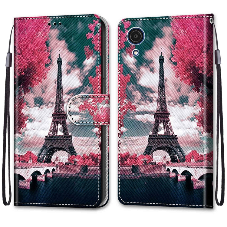 For Samsung Galaxy A03 Core Coloured Drawing Cross Texture Horizontal Flip Leather Phone Case with Holder & Card Slots & Wallet & Lanyard(Pink Flower Tower Bridge)