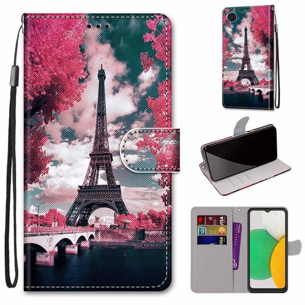 For Samsung Galaxy A03 Core Coloured Drawing Cross Texture Horizontal Flip Leather Phone Case with Holder & Card Slots & Wallet & Lanyard(Pink Flower Tower Bridge)
