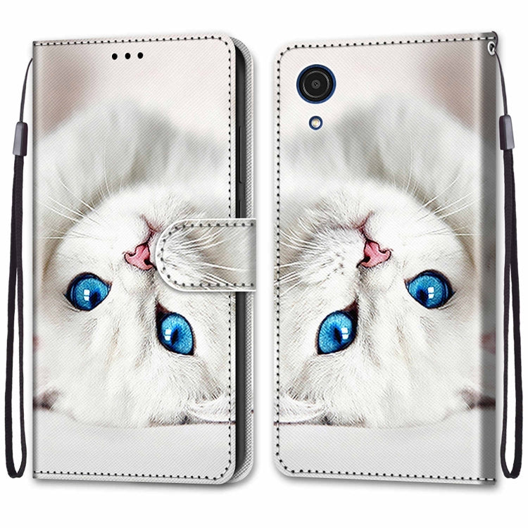 For Samsung Galaxy A03 Core Coloured Drawing Cross Texture Horizontal Flip Leather Phone Case with Holder & Card Slots & Wallet & Lanyard(White Kitten)