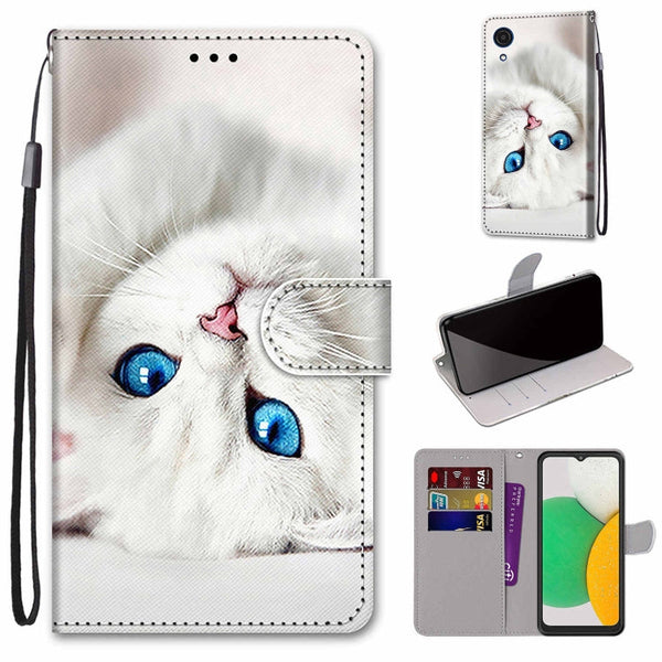 For Samsung Galaxy A03 Core Coloured Drawing Cross Texture Horizontal Flip Leather Phone Case with Holder & Card Slots & Wallet & Lanyard(White Kitten)