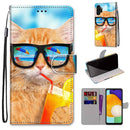 For Samsung Galaxy A13 4G Coloured Drawing Cross Texture Horizontal Flip Leather Phone Case with Holder & Card Slots & Wallet & Lanyard(Cat Drinking Soda)