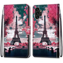 For Samsung Galaxy A13 4G Coloured Drawing Cross Texture Horizontal Flip Leather Phone Case with Holder & Card Slots & Wallet & Lanyard(Pink Flower Tower Bridge)