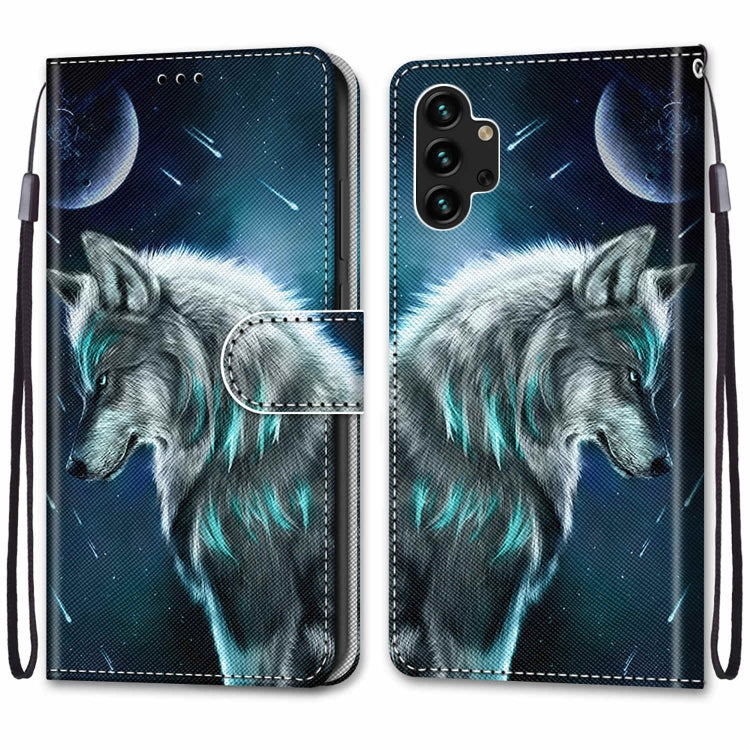 For Samsung Galaxy A13 4G Coloured Drawing Cross Texture Horizontal Flip Leather Phone Case with Holder & Card Slots & Wallet & Lanyard(Pensive Wolf)