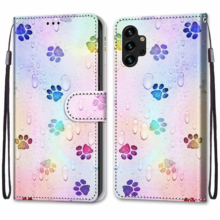 For Samsung Galaxy A13 4G Coloured Drawing Cross Texture Horizontal Flip Leather Phone Case with Holder & Card Slots & Wallet & Lanyard(Footprint Water Drops)
