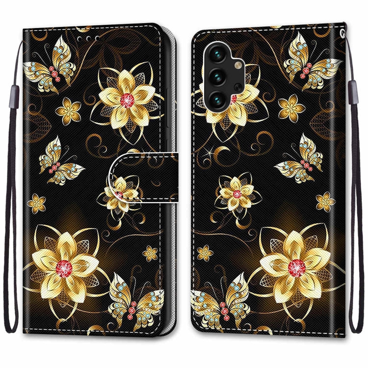 For Samsung Galaxy A13 4G Coloured Drawing Cross Texture Horizontal Flip Leather Phone Case with Holder & Card Slots & Wallet & Lanyard(Gold Diamond Butterfly)