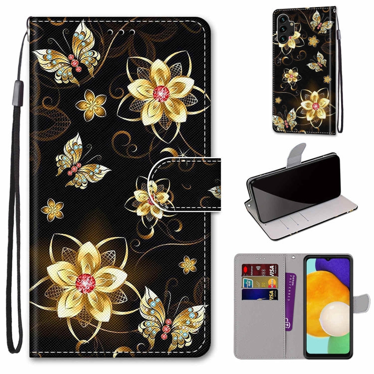 For Samsung Galaxy A13 4G Coloured Drawing Cross Texture Horizontal Flip Leather Phone Case with Holder & Card Slots & Wallet & Lanyard(Gold Diamond Butterfly)