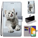 For Samsung Galaxy A13 5G Coloured Drawing Cross Texture Horizontal Flip Leather Phone Case with Holder & Card Slots & Wallet & Lanyard(Small Grey Cat)