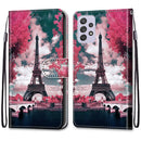 For Samsung Galaxy A33 5G Coloured Drawing Cross Texture Horizontal Flip Leather Phone Case with Holder & Card Slots & Wallet & Lanyard(Pink Flower Tower Bridge)