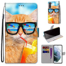 For Samsung Galaxy S22 5G Coloured Drawing Cross Texture Horizontal Flip Leather Phone Case with Holder & Card Slots & Wallet & Lanyard(Cat Drinking Soda)