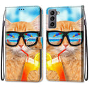 For Samsung Galaxy S22 5G Coloured Drawing Cross Texture Horizontal Flip Leather Phone Case with Holder & Card Slots & Wallet & Lanyard(Cat Drinking Soda)
