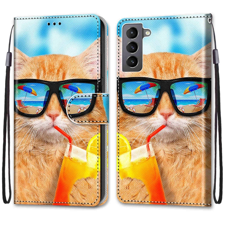 For Samsung Galaxy S22 5G Coloured Drawing Cross Texture Horizontal Flip Leather Phone Case with Holder & Card Slots & Wallet & Lanyard(Cat Drinking Soda)