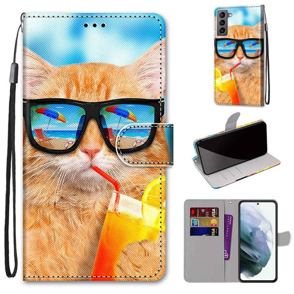 For Samsung Galaxy S22 5G Coloured Drawing Cross Texture Horizontal Flip Leather Phone Case with Holder & Card Slots & Wallet & Lanyard(Cat Drinking Soda)